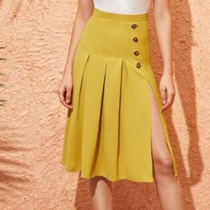 Button Front Split Thigh Godet Skirt